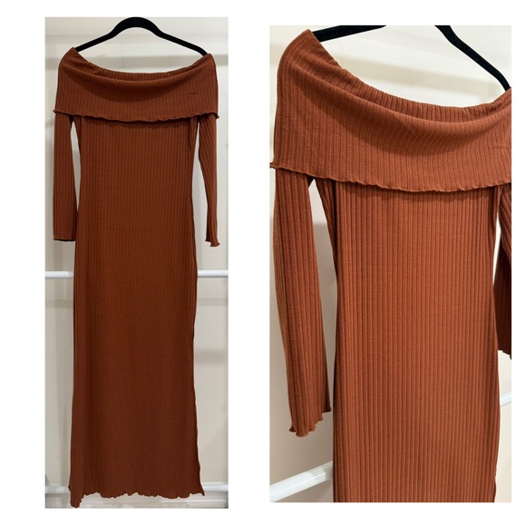 Moodie Ribbed Off-Shoulder Long Sleeve Maxi Dress in Chocolate Brown NWT - Picture 1 of 8